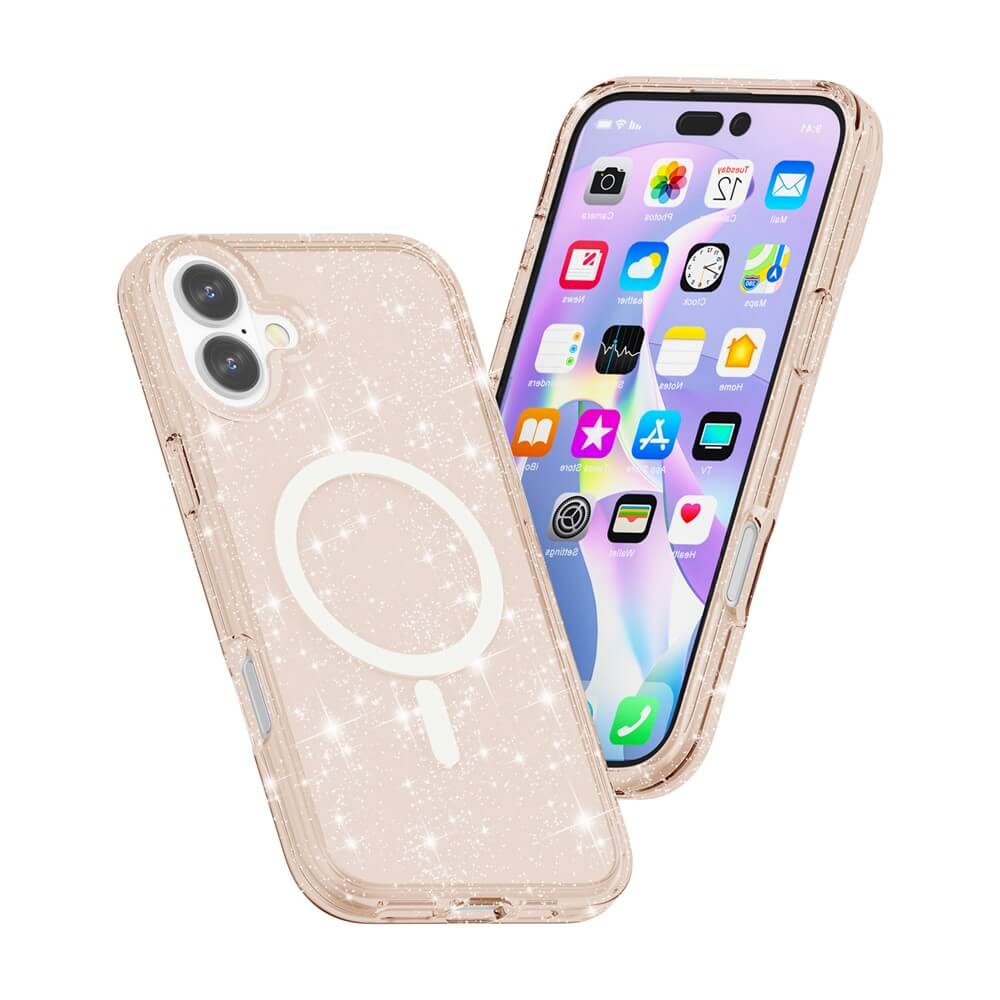 Zwei Cover-Discount iPhone 17 - Glitzer Case mit MagSafe Handys: eines zeigt den Bildschirm, das andere hebt die MagSafe-kompatible glitzernde Klarsichthülle hervor.