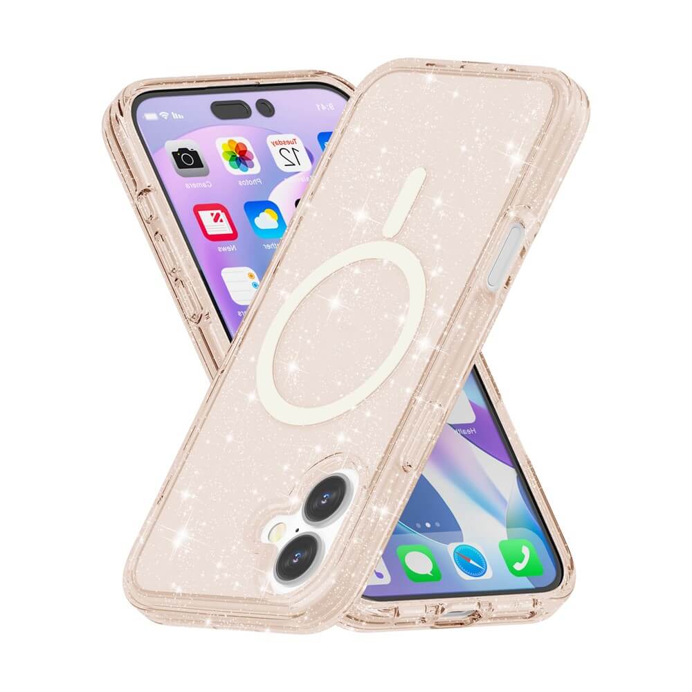Zwei iPhone 17 Geräte im klaren, glitzernden Glitzer Case mit MagSafe von Cover-Discount in X-Form - stilvoller Schutz und perfekte MagSafe-Kompatibilität.