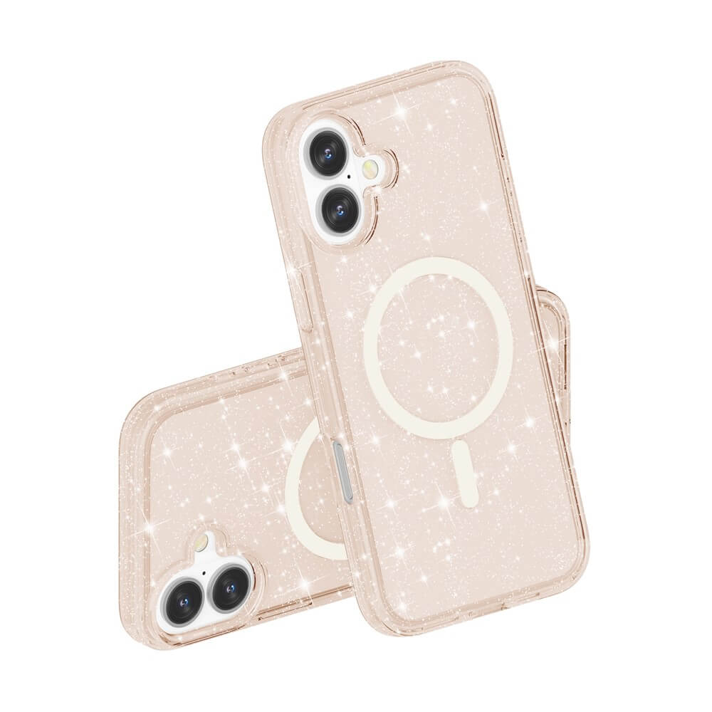 Zwei Cover-Discount iPhone 17 - Glitzer Case mit MagSafe überlappen sich auf weißem Hintergrund.