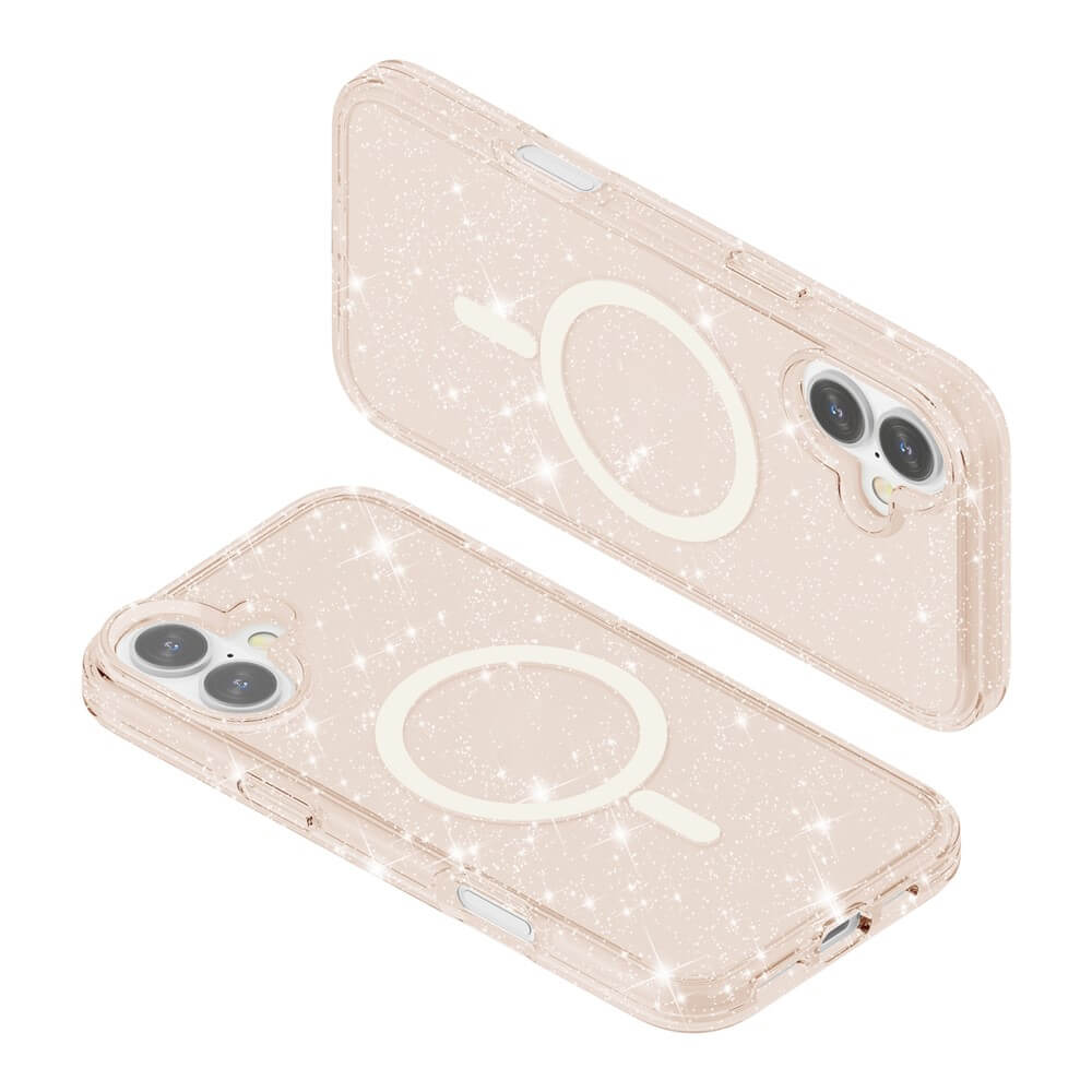 Zwei transparente, glitzernde Cover-Discount iPhone 17 - Glitzer Case mit MagSafe Hüllen sind auf hellen iPhone 17 Modellen abgebildet.