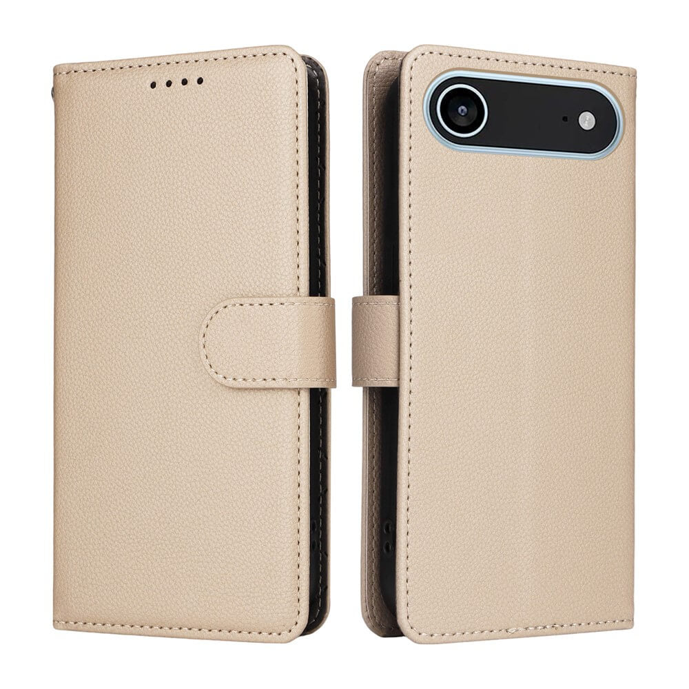 Die Cover-Discount iPhone 17 Air Lederoptik-Hülle mit strukturierter Oberfläche bietet Kamera- und Tasten-Aussparungen, Brieftaschenfunktion und RFID-Schutz. Gezeigt offen und geschlossen.
