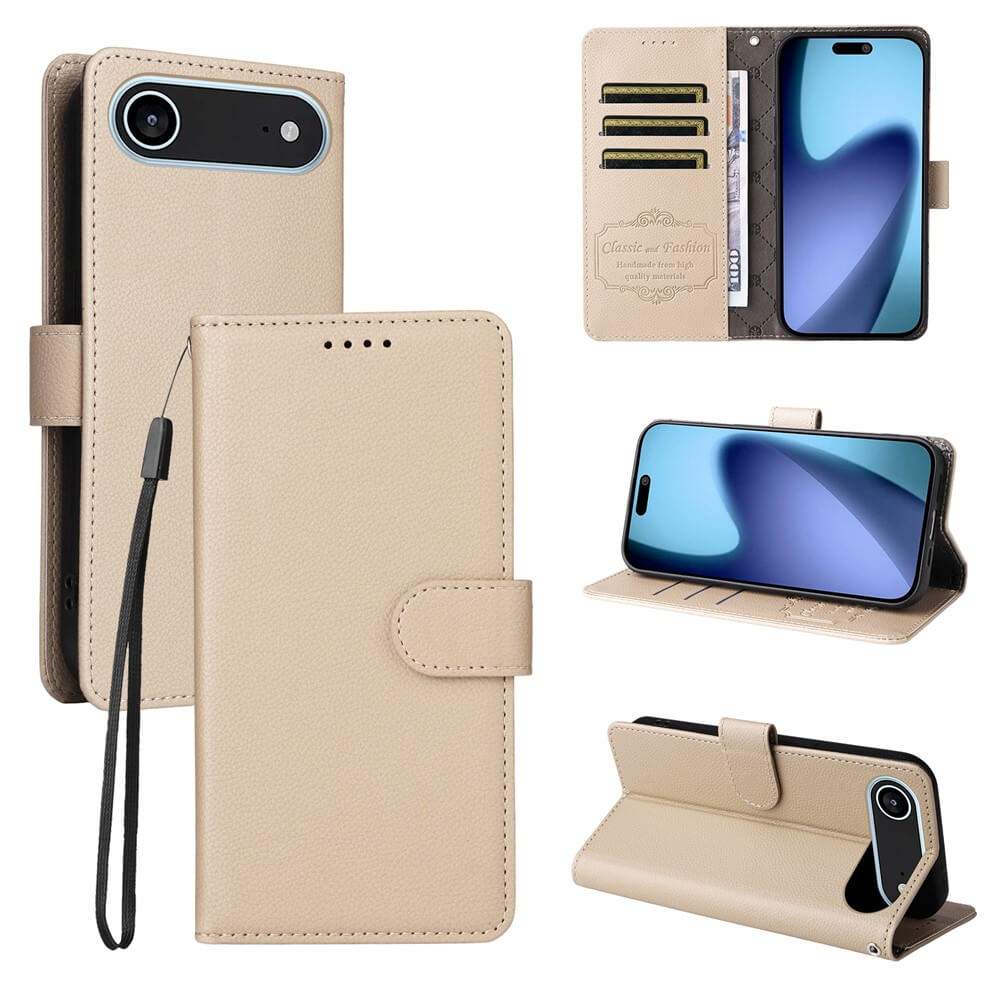 Die Cover-Discount iPhone 17 Air - Lederoptik-Hülle mit strukturierter Oberfläche bietet RFID-Schutz, Kartenfächer, Handschlaufe, Standfunktion und praktische Brieftaschenfunktion, von mehreren Seiten gezeigt.