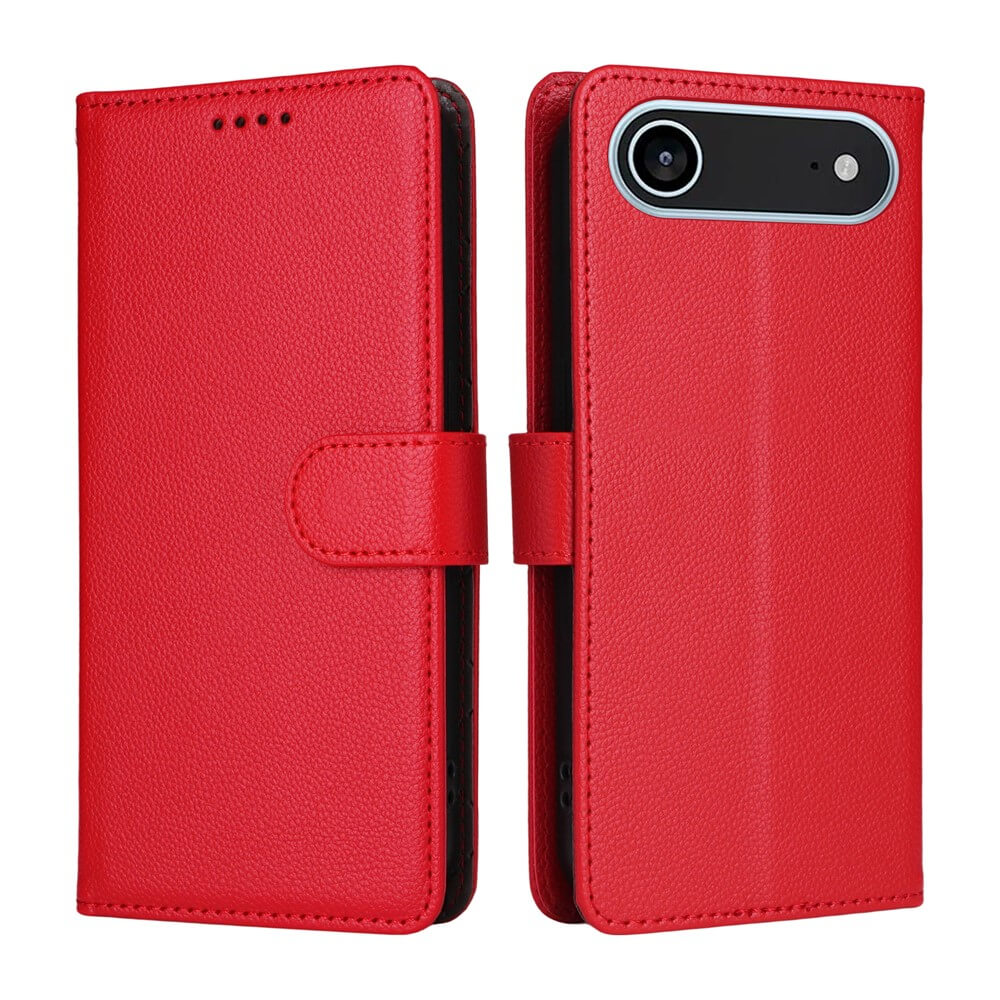 Cover-Discount iPhone 17 Air - Lederoptik-Hülle mit strukturierter Oberfläche, vorne und hinten geschlossen gezeigt, mit Kameraausschnitt, RFID-Schutz und praktischer Brieftaschenfunktion.