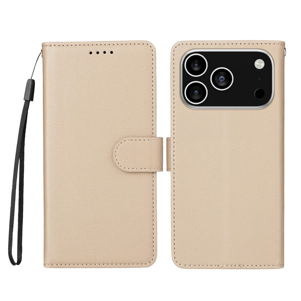 #farbe_beige|Cover-Discount iPhone 17 Pro - Lederoptik-Hülle mit strukturierter Oberfläche in Beige, geöffnet zur Präsentation von Brieftaschenfunktion und Kameraschutzausschnitt, verfügt über integrierten RFID-Schutz.