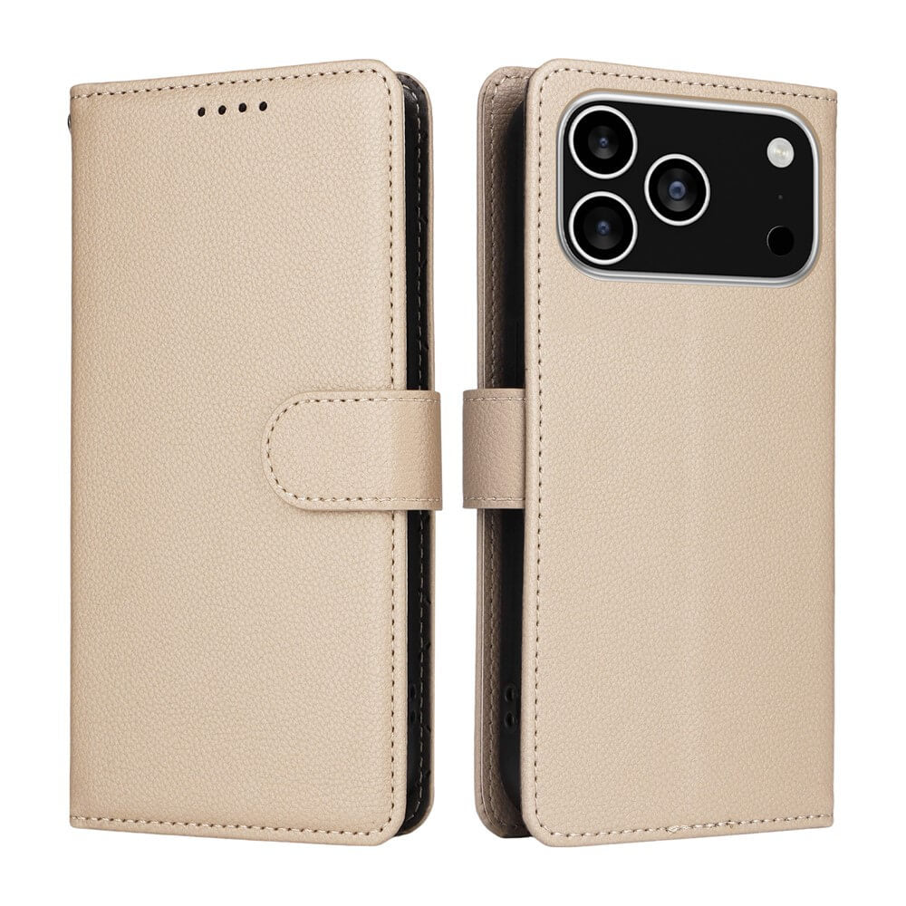 Cover-Discount iPhone 17 Pro Lederoptik-Hülle mit strukturierter Oberfläche, mit Brieftaschenfunktion, geschlossen und geöffnet gezeigt; Kameraaussparung und RFID-Schutz bieten zusätzliche Sicherheit.