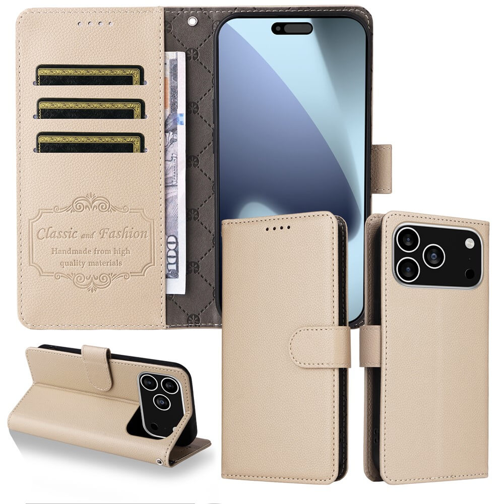 #farbe_beige|Die Cover-Discount iPhone 17 Pro - Lederoptik-Hülle mit strukturierter Oberfläche bietet RFID-Schutz, Kartenfächer, Geldfach und Magnetverschluss - offene und geschlossene Ansichten zeigen die praktische Brieftaschenfunktion.