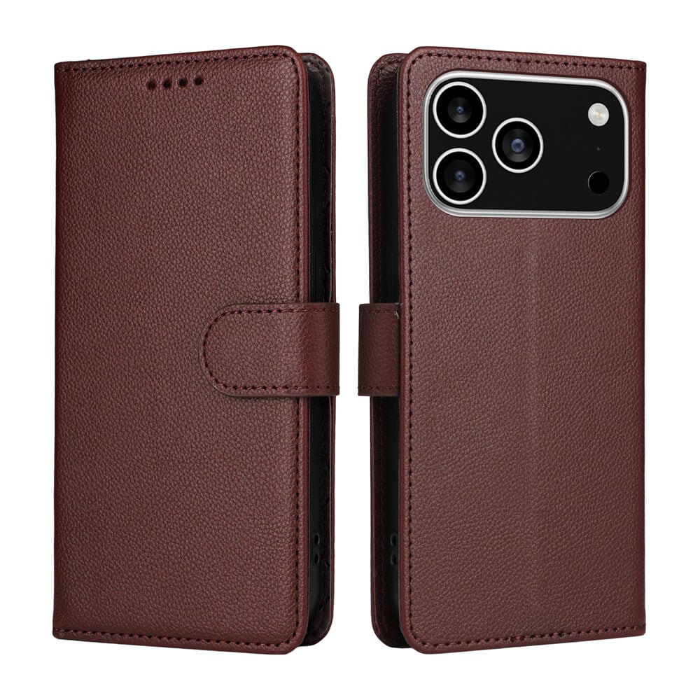 Die Cover-Discount iPhone 17 Pro Lederoptik-Hülle mit strukturierter Oberfläche bietet Brieftaschenfunktion, sichtbaren Kameraausschnitt und RFID-Schutz für mehr Sicherheit.