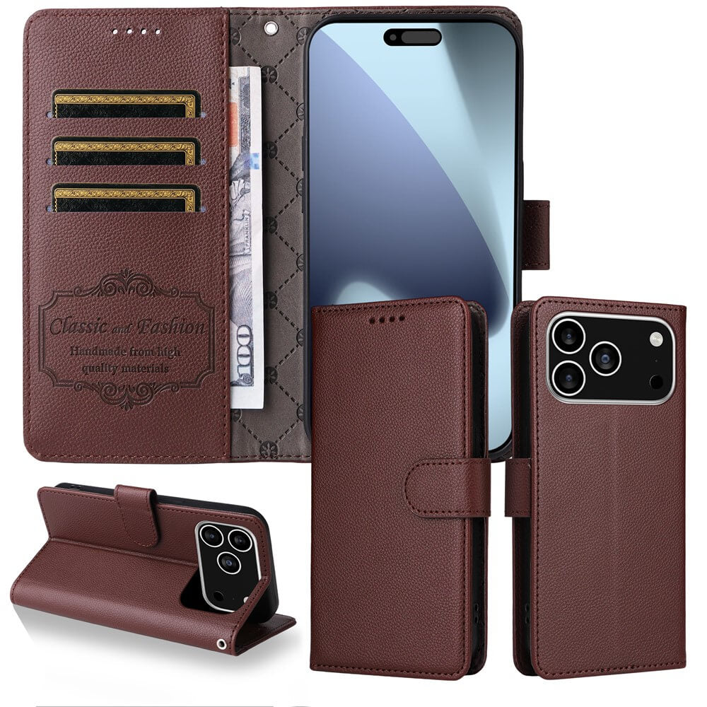 Die Cover-Discount iPhone 17 Pro - Lederoptik-Hülle mit strukturierter Oberfläche bietet RFID-Schutz, Kartenfächer, Geldfach, Brieftaschenfunktion und Standfunktion und wird mit einem Smartphone präsentiert.