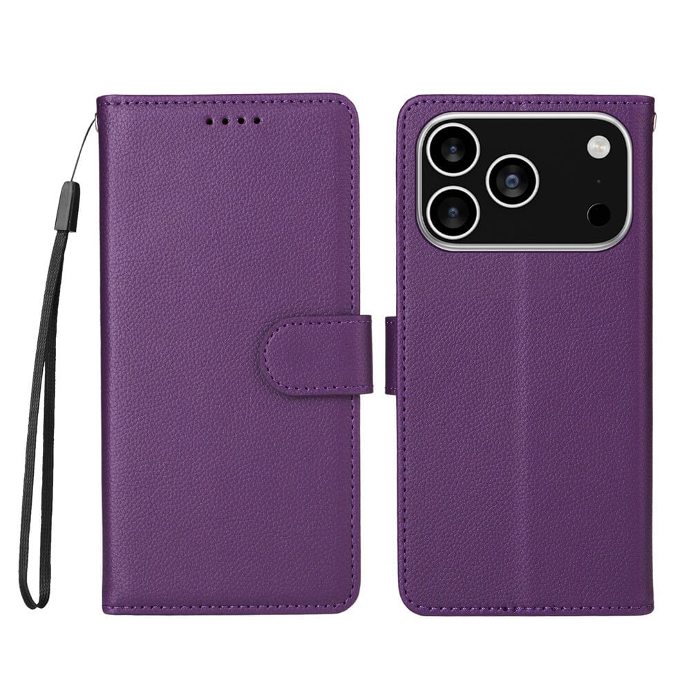 Die Cover-Discount iPhone 17 Pro - Lederoptik-Hülle mit strukturierter Oberfläche in Purple bietet Brieftaschenfunktion, integrierten RFID-Schutz, eine Handschlaufe und zeigt Front sowie Rückseite für Triple-Kamera Smartphones.