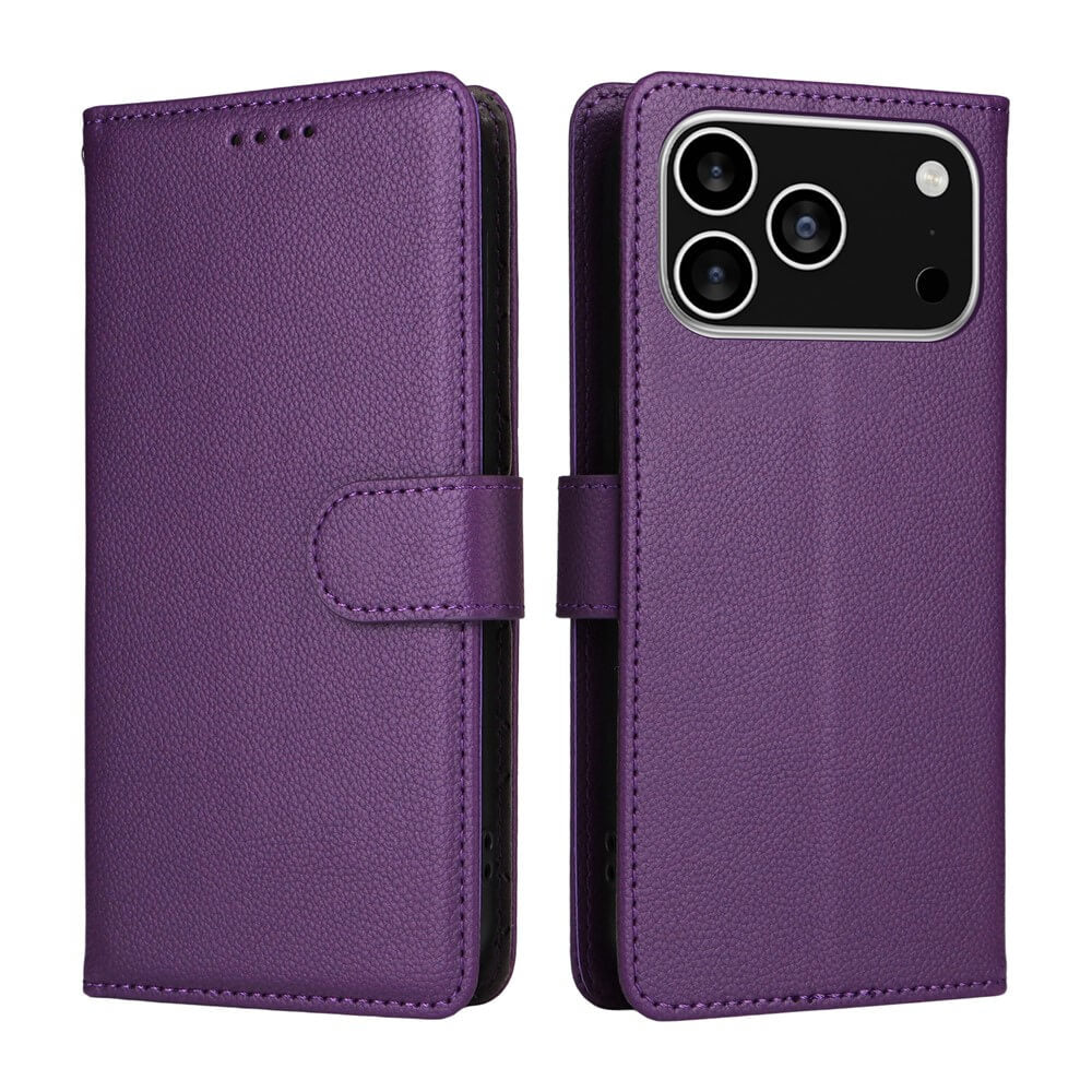 Zwei lilafarbene Cover-Discount iPhone 17 Pro Lederoptik-Hüllen mit strukturierter Oberfläche, eine für die Vorderseite und eine für die Rückseite mit Kameraausschnitten. Mit Brieftaschenfunktion und integriertem RFID-Schutz für Komfort und Sicherheit.