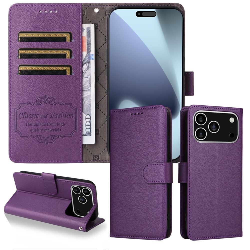 Die Cover-Discount iPhone 17 Pro Lederoptik-Hülle mit strukturierter Oberfläche bietet Kartenfächer, Scheinfächer, RFID-Schutz, Magnetverschluss und Standfunktion - praktisch als Brieftasche für unterwegs.