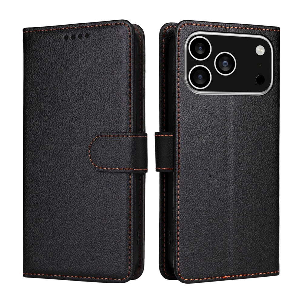 Cover-Discount iPhone 17 Pro Lederoptik-Hülle mit strukturierter Oberfläche, Wallet Case mit Magnetverschluss, Orange-Nähten und RFID-Schutz - Vorder- und Rückansicht.