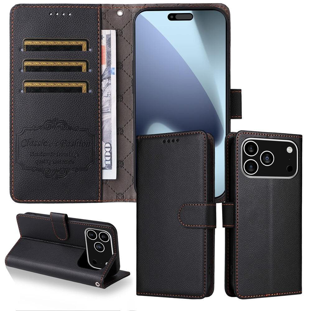 Cover-Discount iPhone 17 Pro Lederoptik-Hülle mit strukturierter Oberfläche-mit Kartenfächern, Geldfach, RFID-Schutz und faltbarem Standfuß. Aus verschiedenen Perspektiven gezeigt.