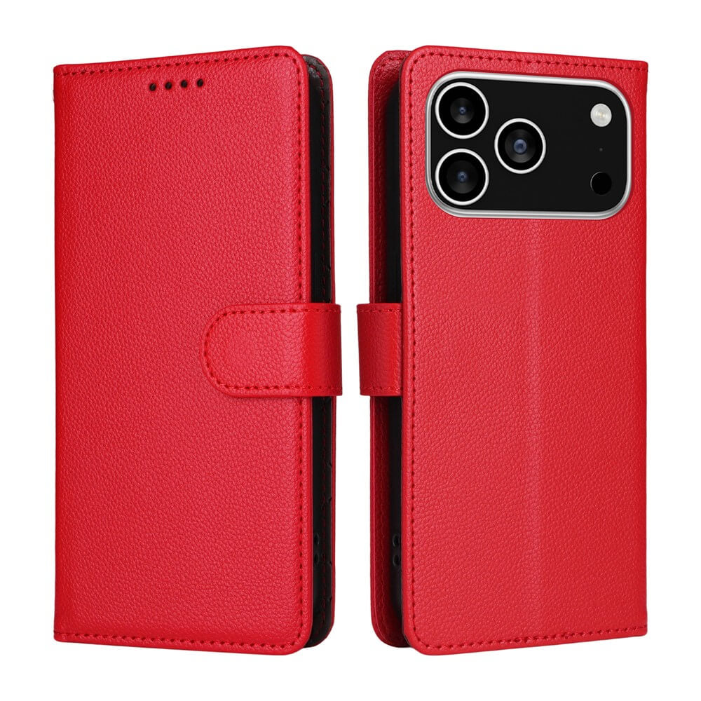 Die Cover-Discount iPhone 17 Pro - Lederoptik-Hülle mit strukturierter Oberfläche bietet RFID-Schutz, Kameraausschnitt, Frontklappe und praktische Brieftaschenfunktion und wird geöffnet sowie geschlossen gezeigt.