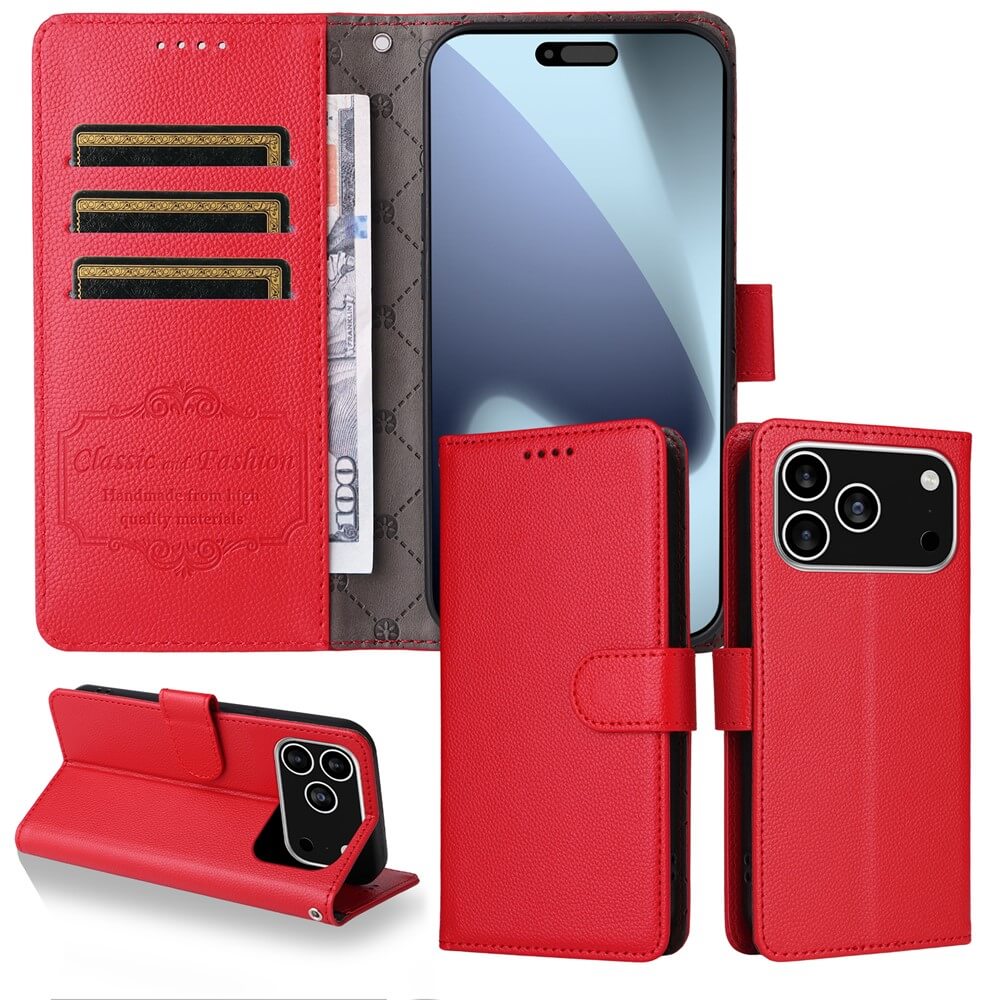 Die Cover-Discount iPhone 17 Pro - Lederoptik-Hülle mit strukturierter Oberfläche ist offen gezeigt mit Brieftaschenfunktion, Kartenschlitzen, Geldfach, Standfunktion und integriertem RFID-Schutz für Ihr Smartphone.