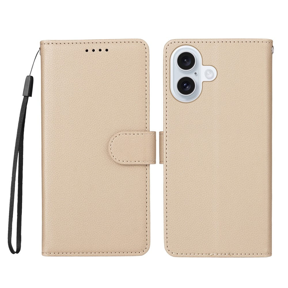 #farbe_beige|Die Cover-Discount iPhone 17 Lederoptik-Hülle mit strukturierter Oberfläche bietet RFID-Schutz, praktische Brieftaschenfunktion und Handgelenkschlaufe. Offen zeigt sie Vorder- und Rückseite stilvoll.