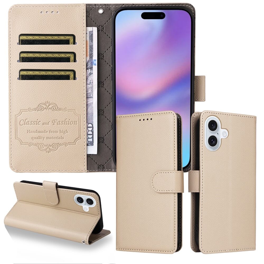 #farbe_beige|Cover-Discount iPhone 17 Lederoptik-Hülle mit strukturierter Oberfläche, Brieftaschenfunktion, RFID-Schutz, Karten- und Geldscheinfach, Magnetverschluss - abgebildet mit eingelegtem Handy.