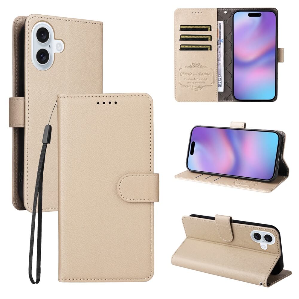 Cover-Discount iPhone 17 Lederoptik-Hülle mit strukturierter Oberfläche in Beige, mit RFID-Schutz, Brieftaschenfunktion, Kartenfächern, Handgelenkschlaufe und Ständer - aus verschiedenen Blickwinkeln präsentiert.