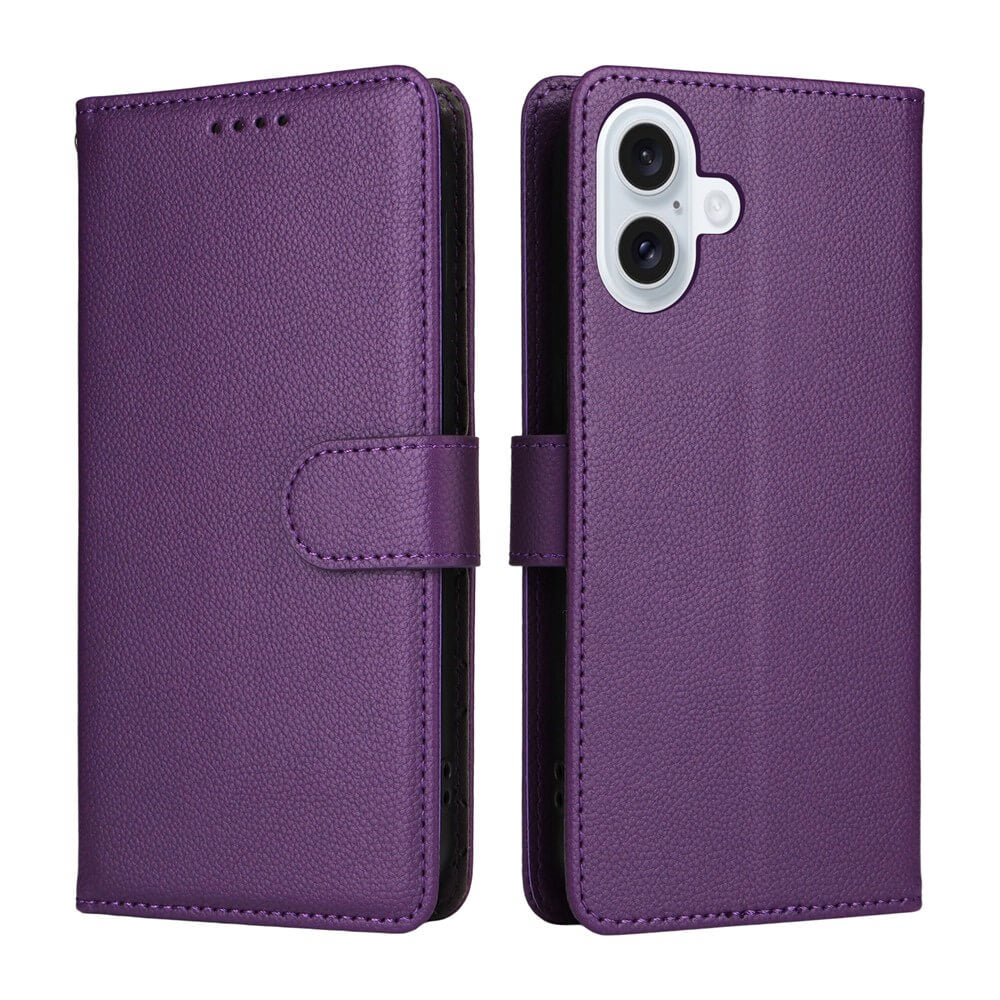 Zwei Ansichten der iPhone 17 - Lederoptik-Hülle mit strukturierter Oberfläche von Cover-Discount, geschlossen von vorne und hinten (lila Brieftasche mit Brieftaschenfunktion).