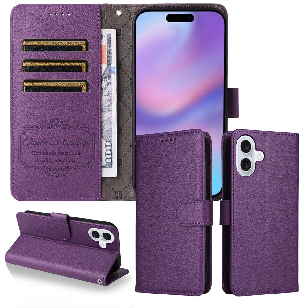 Cover-Discount iPhone 17 Lederoptik-Hülle mit strukturierter Oberfläche in Lila, mit Kartenfächern, Geldscheinfach, RFID-Schutz und Standfunktion - abgebildet mit Smartphone.