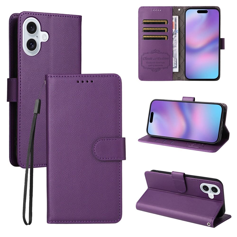 Die Cover-Discount iPhone 17 Lederoptik-Hülle mit strukturierter Oberfläche in Lila bietet Kartenfächer, RFID-Schutz, Magnetverschluss, Handschlaufe und Standfunktion, gezeigt aus mehreren Blickwinkeln.