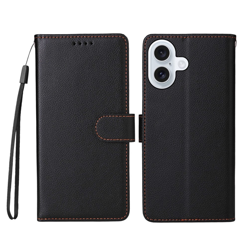 Cover-Discount iPhone 17 Lederoptik-Hülle mit strukturierter Oberfläche, in Schwarz mit orangefarbener Naht, Brieftaschenfunktion für Karten und Handschlaufe, abgebildet offen und geschlossen.