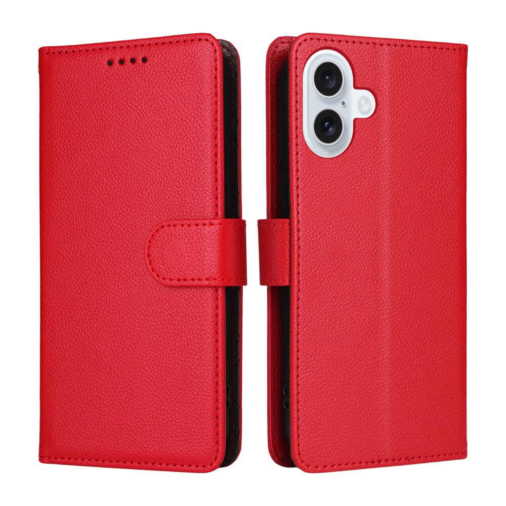 Two red iPhone 17 - Lederoptik-Hüllen mit strukturierter Oberfläche von Cover-Discount-eine zeigt die Front, die andere den Kameraausschnitt. Perfekter RFID-Schutz für Sicherheit und eleganten Stil.
