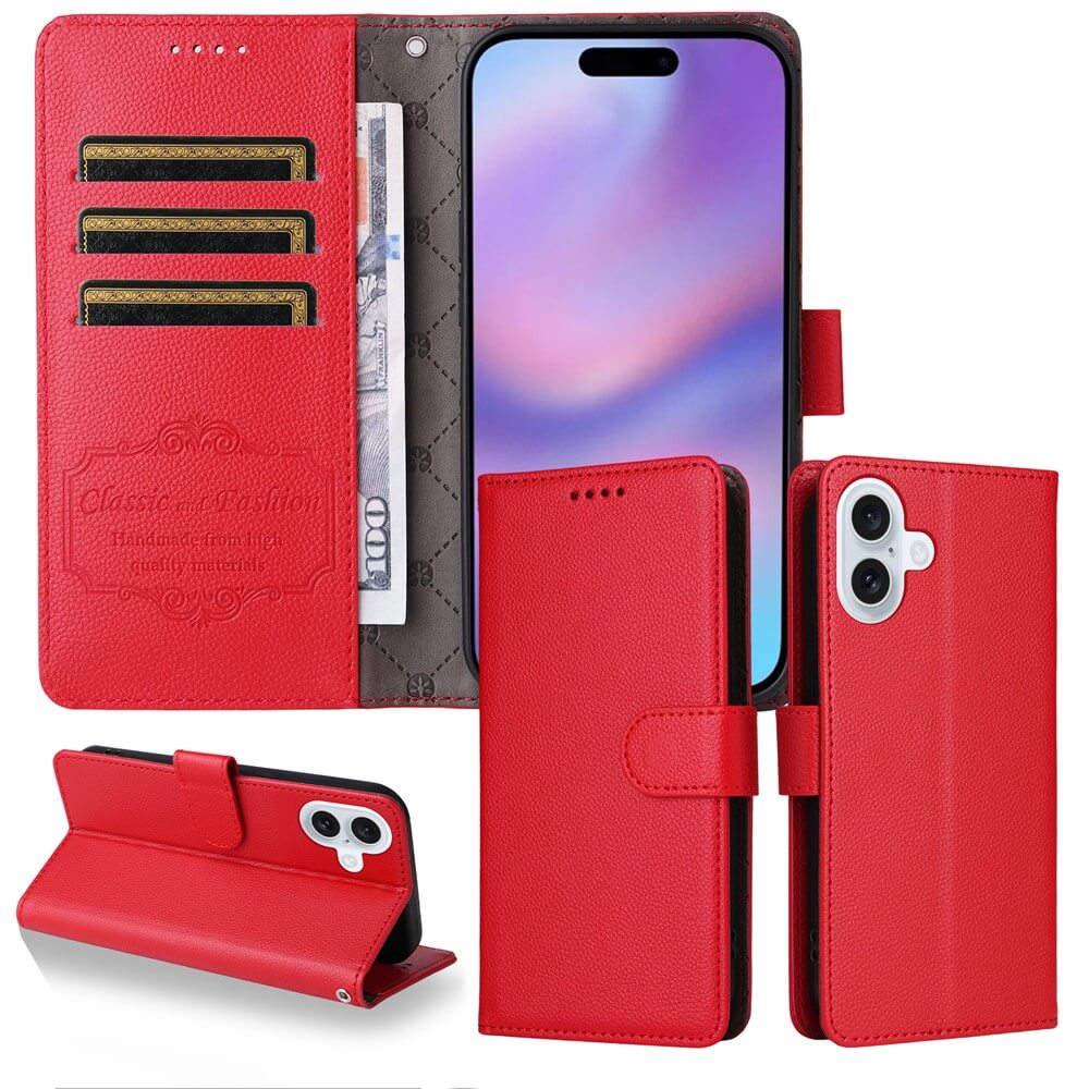 Die Cover-Discount iPhone 17 Lederoptik-Hülle mit strukturierter Oberfläche bietet RFID-Schutz, Brieftaschenfunktion, Kartenfächer, Bargeldfach und Standfunktion; abgebildet mit Smartphone innen.