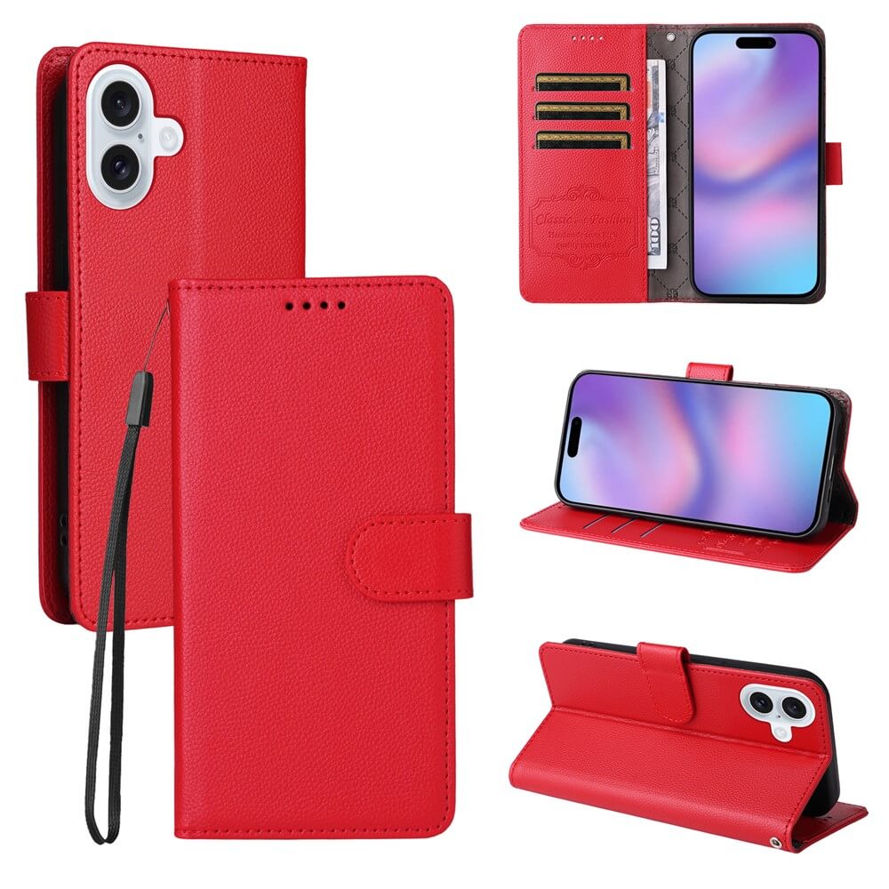 Cover-Discount iPhone 17 Lederoptik-Hülle mit strukturierter Oberfläche, Brieftaschenfunktion, RFID-Schutz, Kartenfächern, Handgelenkband und Standfuß - aus allen Perspektiven gezeigt.