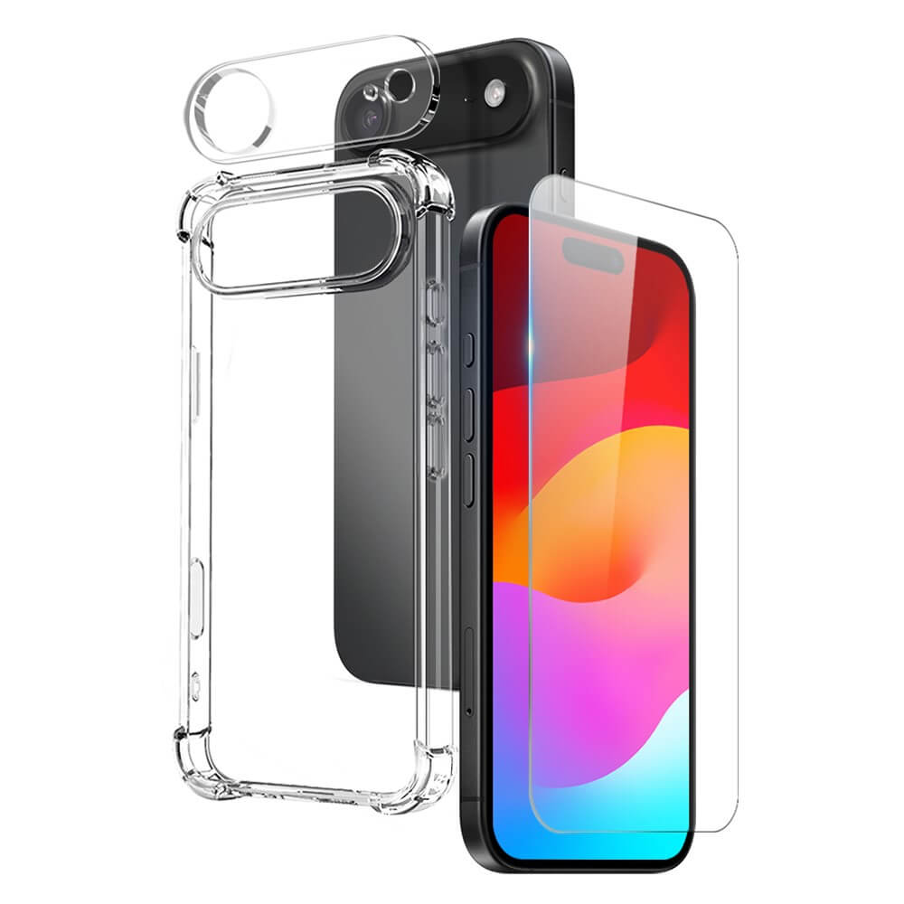 Das NORTHJO iPhone 17 Air 3-in-1 Set Handyhülle und Panzergläser wird getrennt von einem schwarzen iPhone mit buntem Display gezeigt.