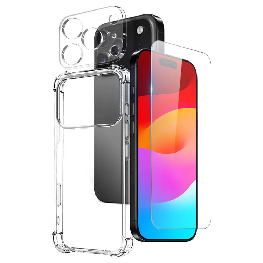 Explosionszeichnung des iPhone 17 Pro mit dem NORTHJO 3-in-1-Set: klare Handyhülle und Panzerglas-Schutz für Kameralinse und Display.