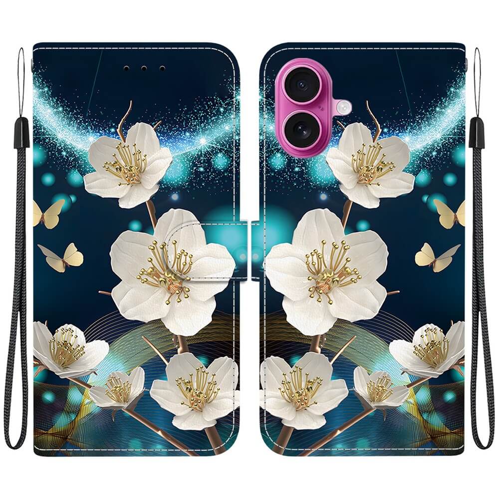 #farbe_magnolia|Stylische iPhone 17 - Tasche Hülle mit Motiv von Cover-Discount mit weißen Blumen, Schmetterlingen und einem blau leuchtenden Wirbel auf dunklem Hintergrund mit Handgelenkschlaufen für einen einzigartigen Look und zusätzlichen Schutz.