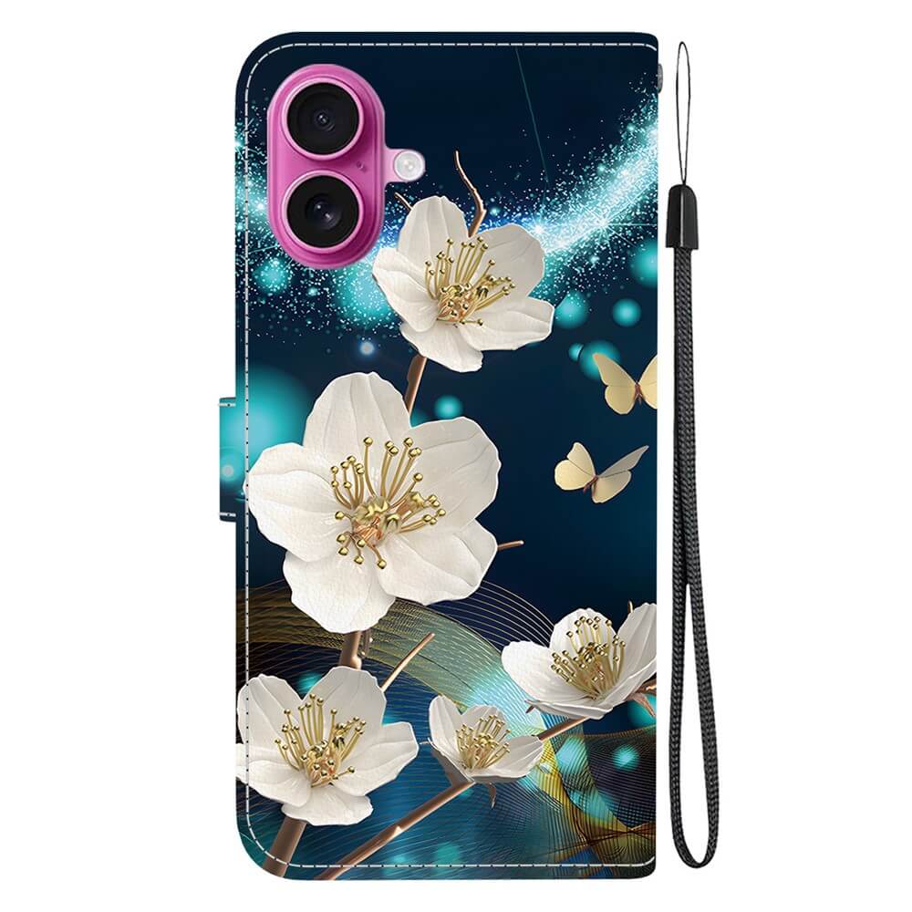 Die Cover-Discount iPhone 17 - Tasche Hülle mit Motiv zeigt weiße Blumen, Schmetterlinge und blau leuchtende Akzente auf dunklem Grund, sowie eine Handschlaufe - beides stilvoll und praktisch für Ihr Gerät.