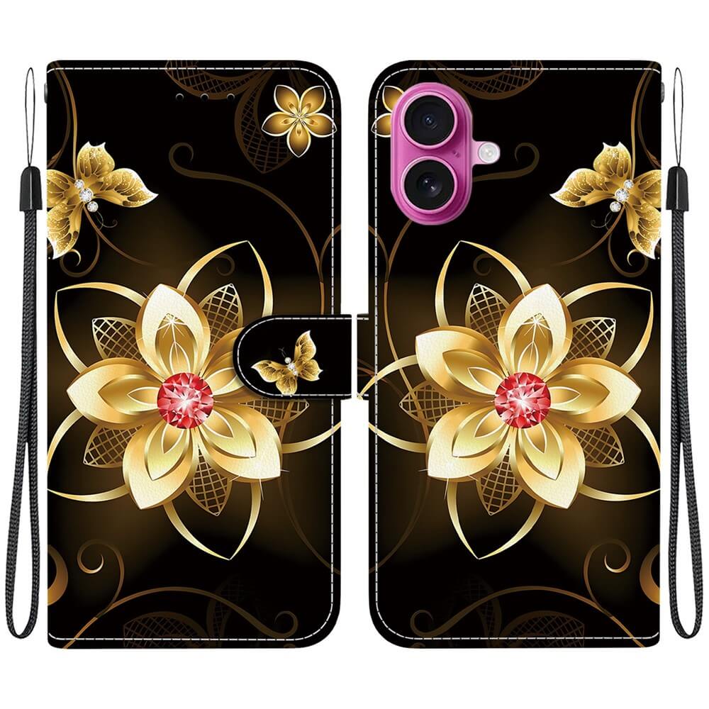 Die iPhone 17 Tasche Hülle mit Motiv von Cover-Discount besticht durch goldene Blumenmotive, roten Edelstein in der Mitte, praktische Handschlaufen und ein elegantes schwarzes Design - stilvoll und funktional zugleich.