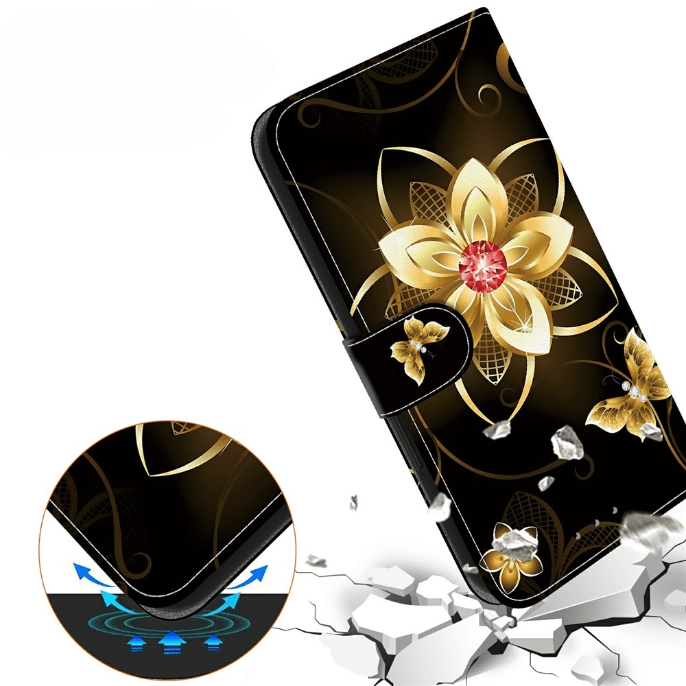 Stilvolle Cover-Discount iPhone 17 Tasche Hülle mit Motiv: schwarze Ledertasche, goldene Blumenverzierung und roter Edelstein - schützt Ihr Smartphone elegant vor Stößen und Schäden.