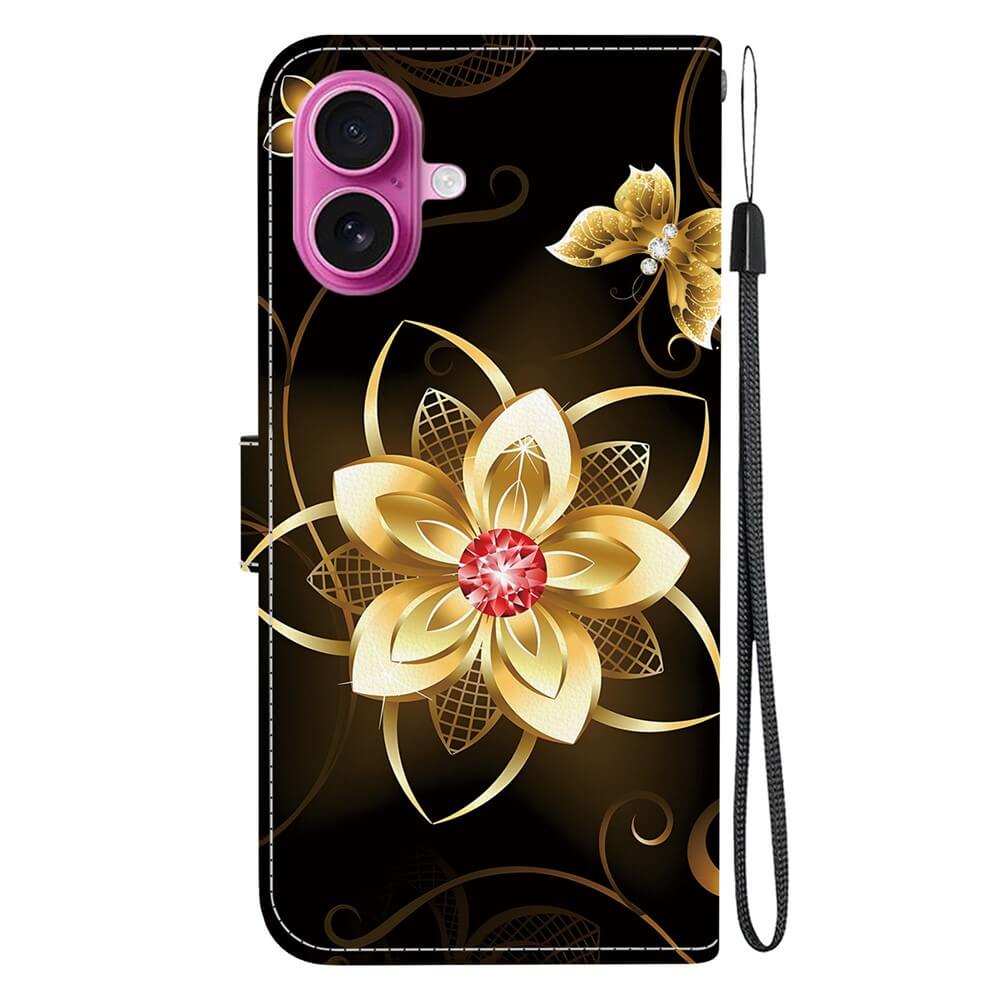 Die Cover-Discount iPhone 17 - Tasche Hülle mit Motiv zeigt goldene Blumenmuster, ein großes zentrales Blütenmotiv und eine praktische Handschlaufe auf elegantem schwarzem Hintergrund.