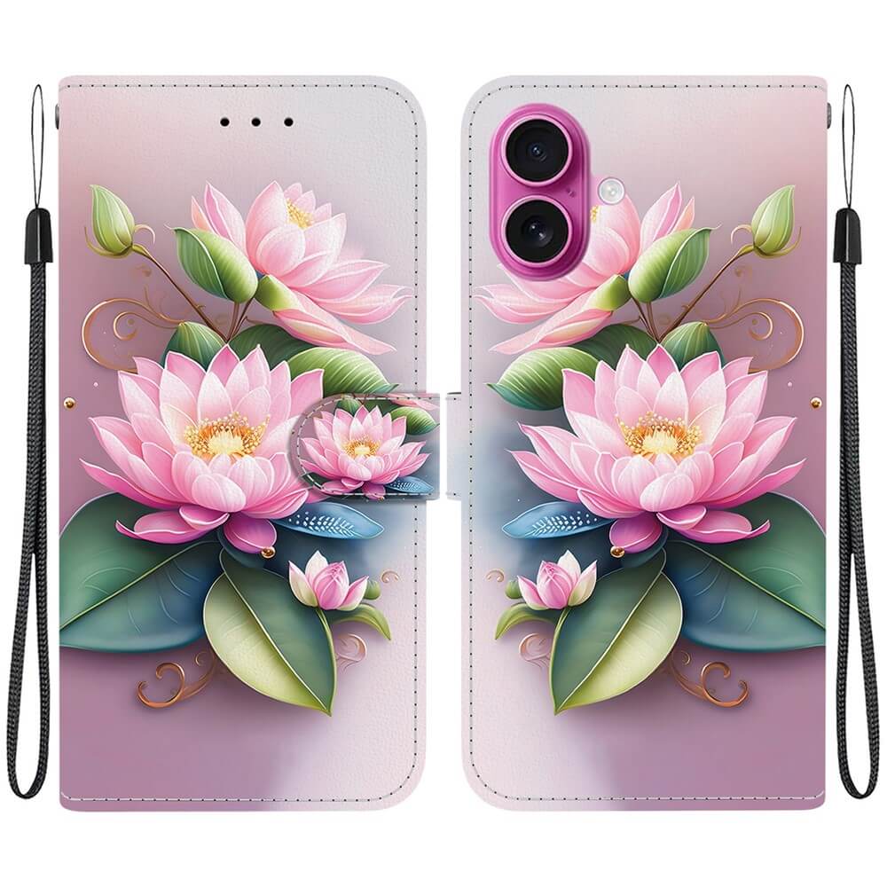 Die iPhone 17 Tasche Hülle mit Motiv von Cover-Discount bietet ein pinkes Lotusblumen-Design, grüne Blätter sowie praktische Handgelenkriemen auf beiden Seiten - stilvoller Schutz für dein Smartphone.