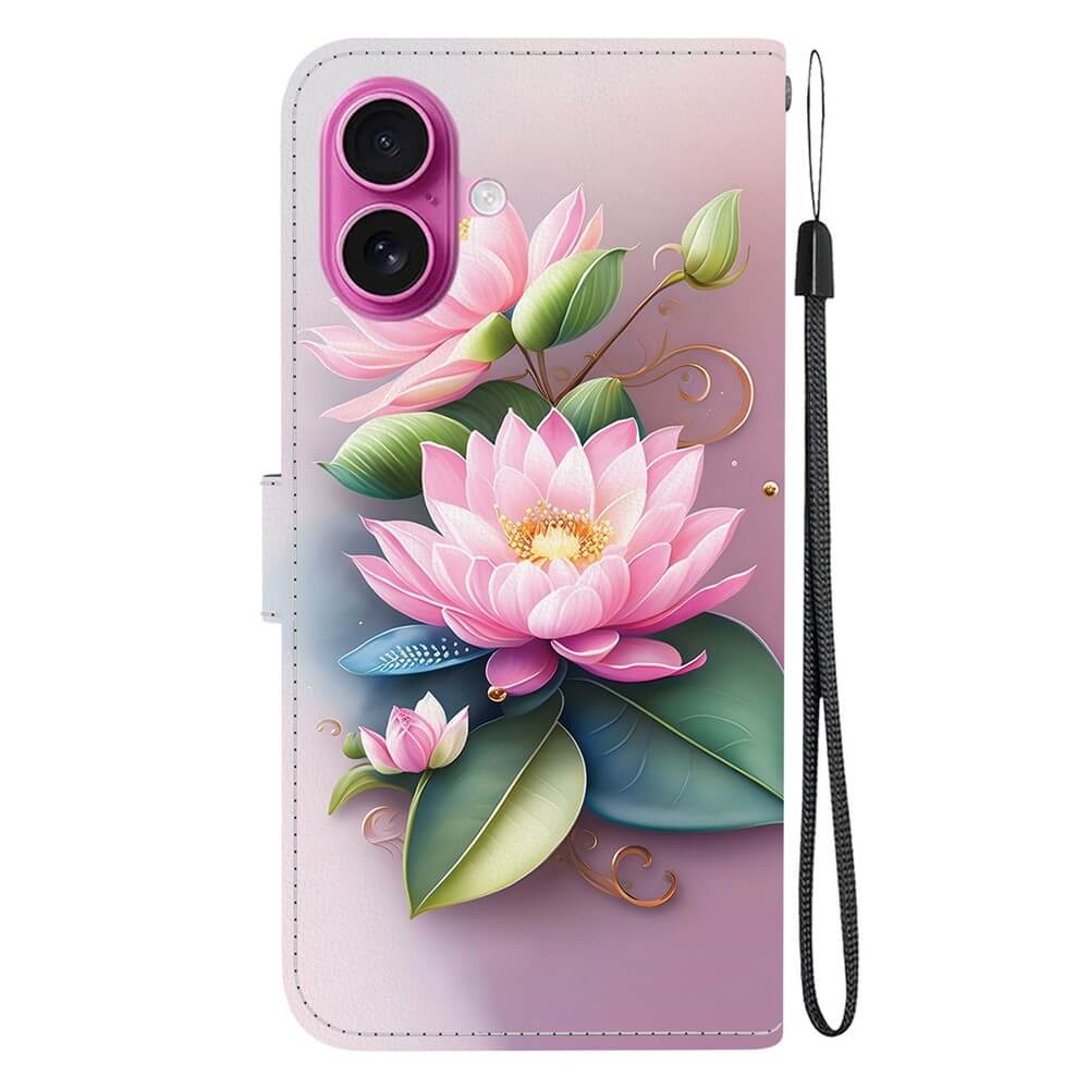Cover-Discount iPhone 17 Tasche Hülle mit Motiv: Zeigt pinke Lotusblumen und grüne Blätter, zudem sorgt ein praktisches Handgelenkband rechts für bequemes Tragen.