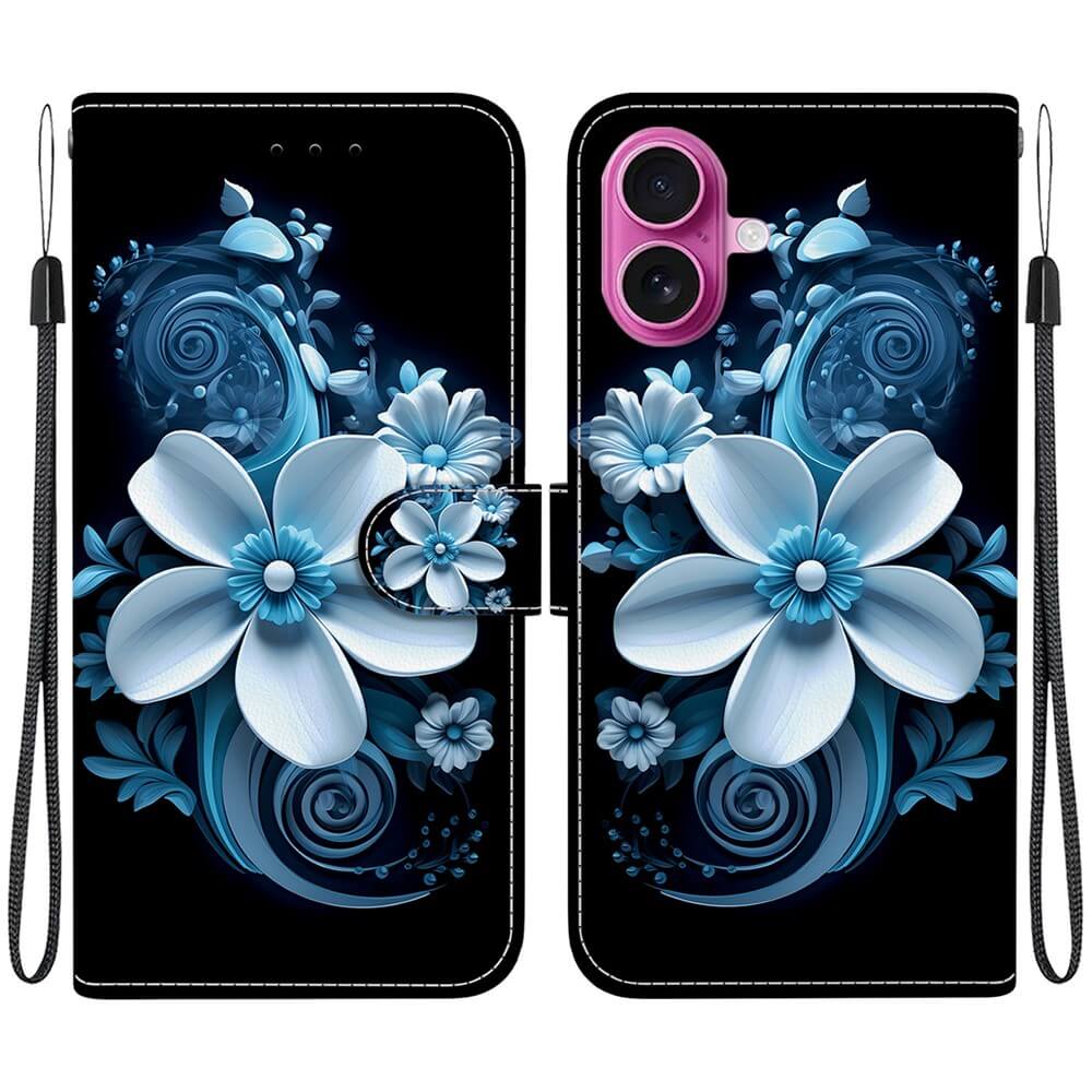 Cover-Discount iPhone 17 Tasche Hülle mit Motiv: Blau-weißes Blumendesign mit großen Blüten und geschwungenen Mustern auf schwarzem Hintergrund.