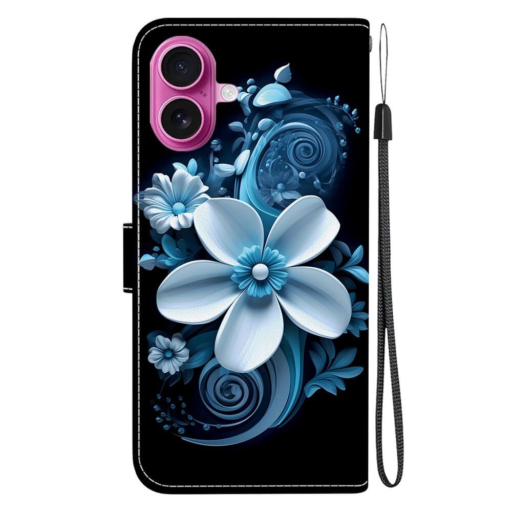 Stilvolle iPhone 17-Tasche von Cover-Discount: Blau-weißes Blumendesign mit praktischem Handgelenkband auf schwarzem Hintergrund - modischer und funktionaler Schutz für dein Smartphone.