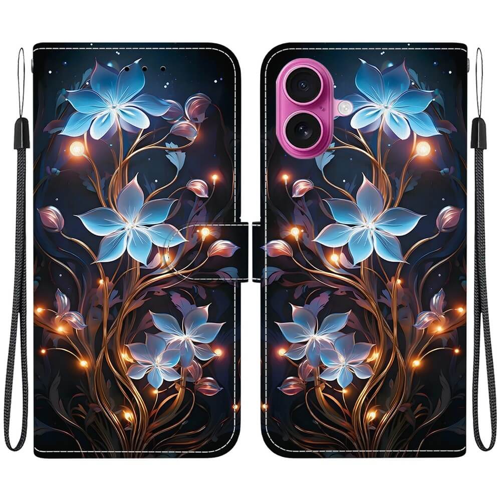 Cover-Discount iPhone 17 - Tasche Hülle mit Motiv: Schutzhülle mit leuchtenden blauen Blumen und goldenen Zweigen auf dunklem Hintergrund, inklusive Trageschlaufe. Ideal für stilvollen Schutz Ihres iPhones.