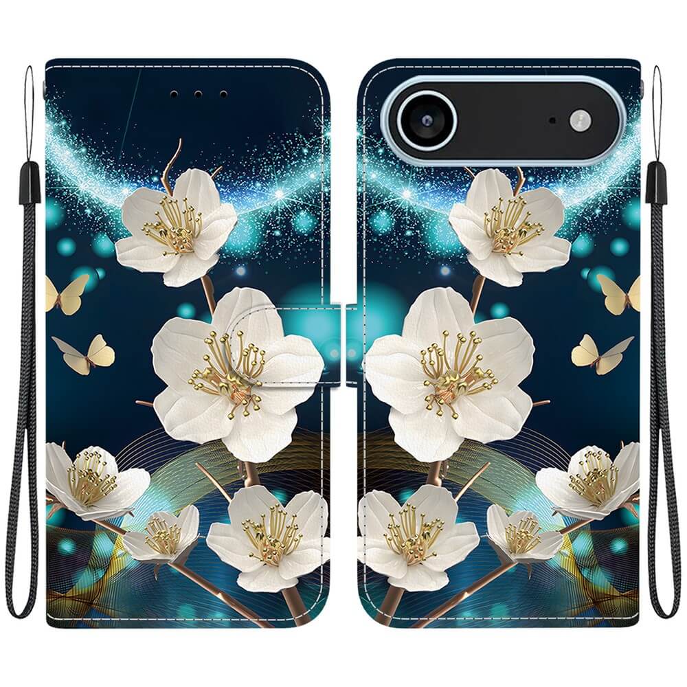 #farbe_magnolia|Die Cover-Discount iPhone 17 Air Klapphülle zeigt weiße Blumen, Schmetterlinge und blaue Lichteffekte auf dunklem Grund - stilvoller Schutz und Hingucker für Ihr Smartphone.