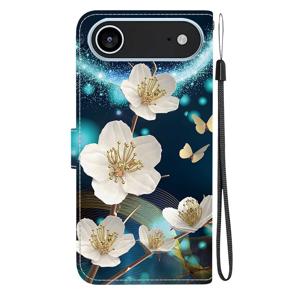 Die Cover-Discount iPhone 17 Air - Handytasche Klapphülle Motiv hat weiße Blumen, Schmetterlinge und blaue Lichtwirbel. Sie enthält eine schwarze Handschlaufe und bietet Kartenfächer für zusätzliche Funktionalität.