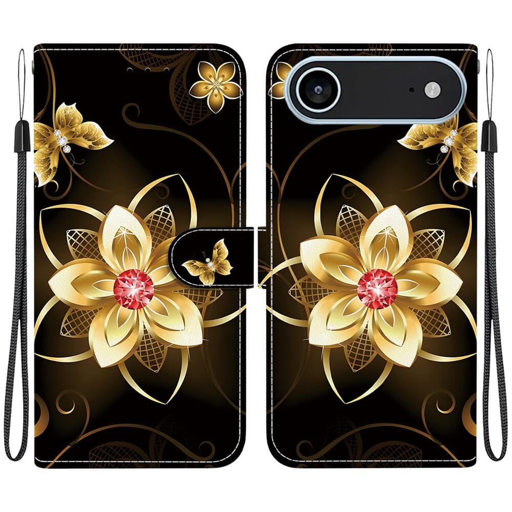 Die Cover-Discount iPhone 17 Air Handytasche Klapphülle Motiv besticht durch goldene Blumen, roten Edelstein in der Mitte, schwarzen Hintergrund und seitliche Handschlaufen - stilvoller Schutz für jeden Anlass.