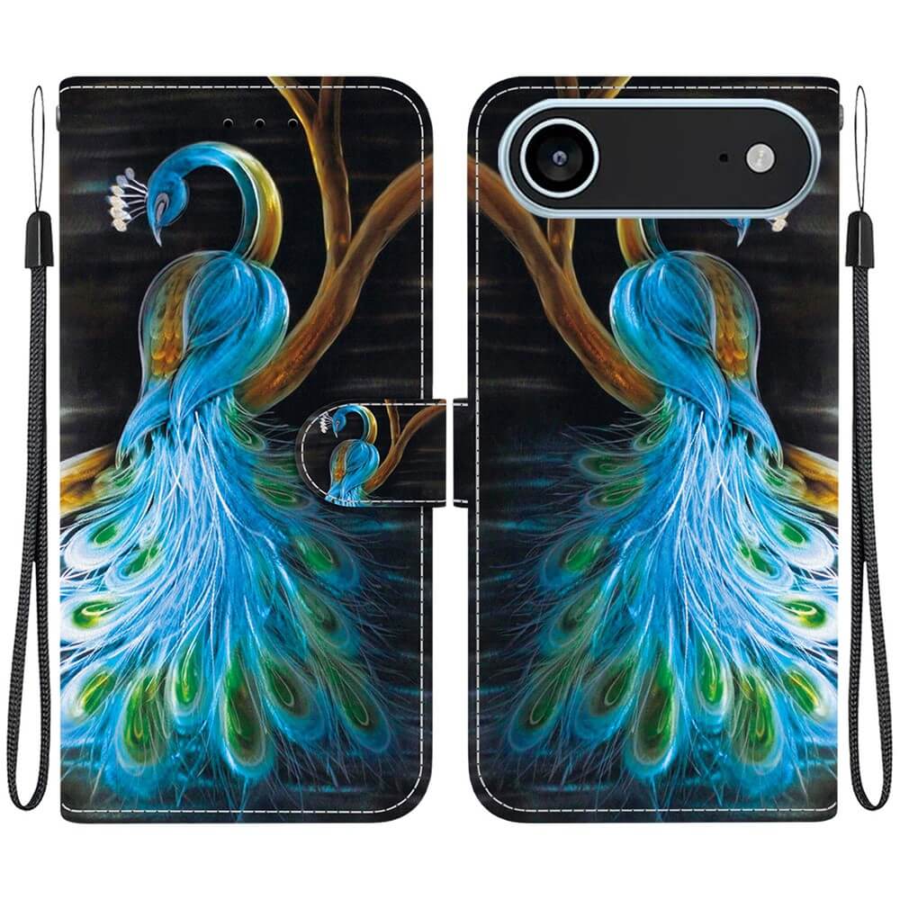 Schützen Sie Ihr iPhone 17 mit der Cover-Discount iPhone 17 Air Handytasche Klapphülle Motiv, die mit einem leuchtend blauen Pfauendesign, einem langen Schwanz, zwei seitlichen Handgelenkschlaufen und zusätzlichen Kartenfächern für zusätzlichen Komfort ausgestattet ist.