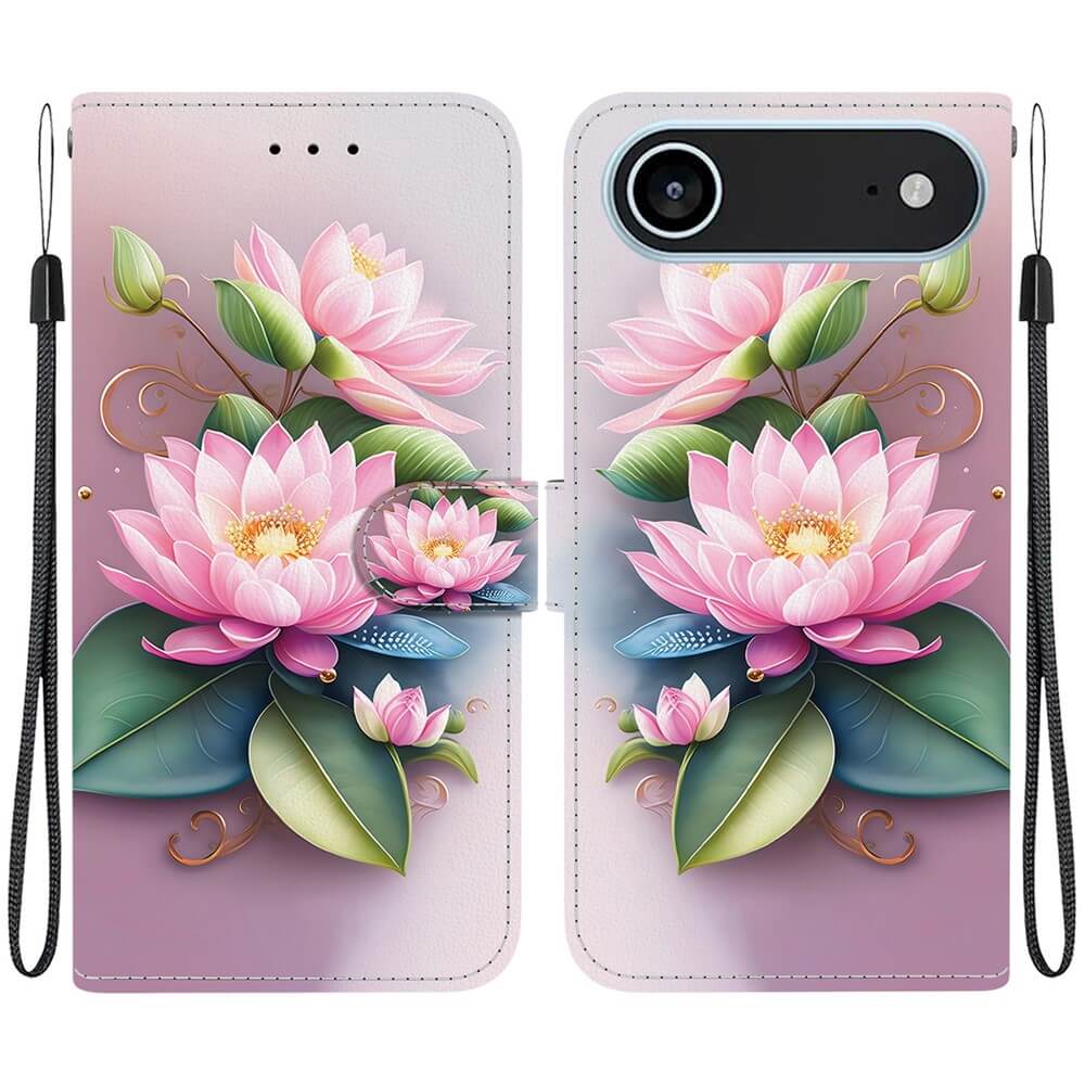 Die iPhone 17 Air - Handytasche Klapphülle Motiv von Cover-Discount zeigt rosafarbene Lotusblumen, grüne Blätter und eine Handschlaufe auf einem weichen rosa Farbverlauf - ein stilvoller Schutz mit Kartenfächern für Ihr iPhone 17.