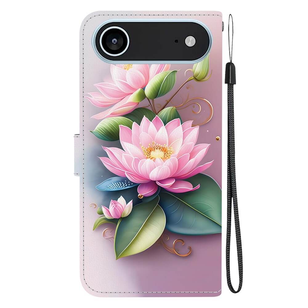 Cover-Discount iPhone 17 Air Klapphülle mit pinkem Lotusblumen-Motiv, grünen Blättern und schwarzer Handschlaufe: stilvoller Schutz und elegantes Design für Ihr Smartphone.
