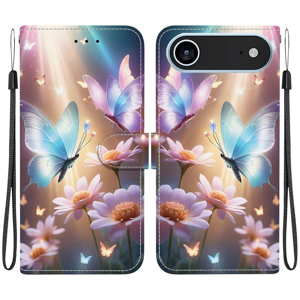 Zauberhafte Cover-Discount iPhone 17 Air Klapphülle mit blau-lila Schmetterlingen und rosa Gänseblümchen auf traumhaftem Hintergrund - stilvoller Schutz für Ihr Smartphone.