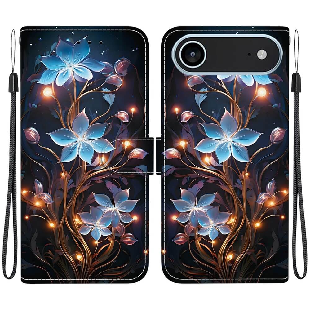 Die iPhone 17 Air Handytasche Klapphülle von Cover-Discount zeigt leuchtend blaue Blumen mit goldenen Stielen auf dunklem Grund, bietet Kartenfächer und beidseitige Handgelenkschlaufen für stilvollen Schutz.