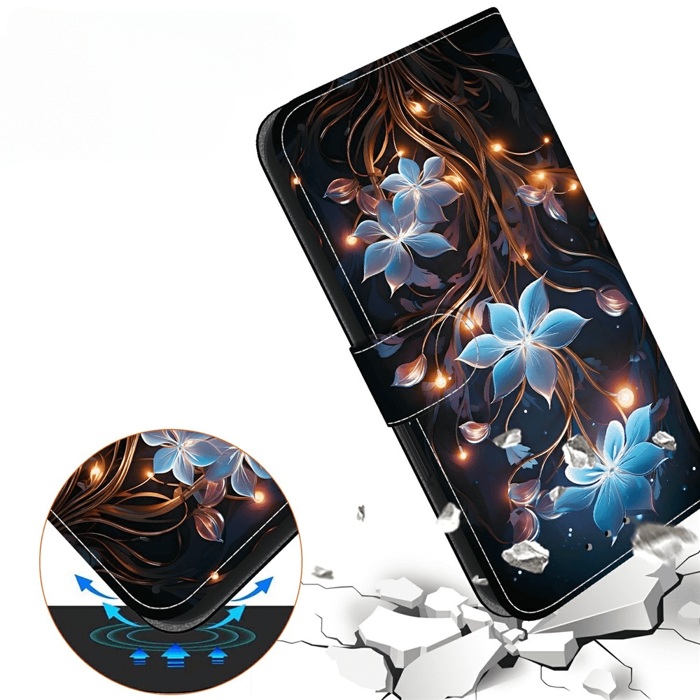 Die Cover-Discount iPhone 17 Air - Handytasche Klapphülle Motiv zeigt ein blaues und braunes Blumendesign, das Ihr Handy vor Stößen und umherfliegenden Trümmern schützt - eine stilvolle Schutzhülle mit Motiv.
